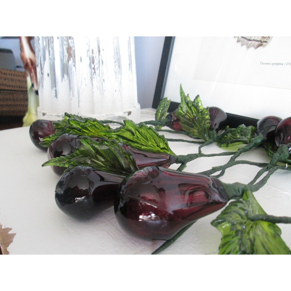 11 Vintage Purple Handblown Glass Grape‎ Eggplant Stems w/ Lucite Acrylic Leaves